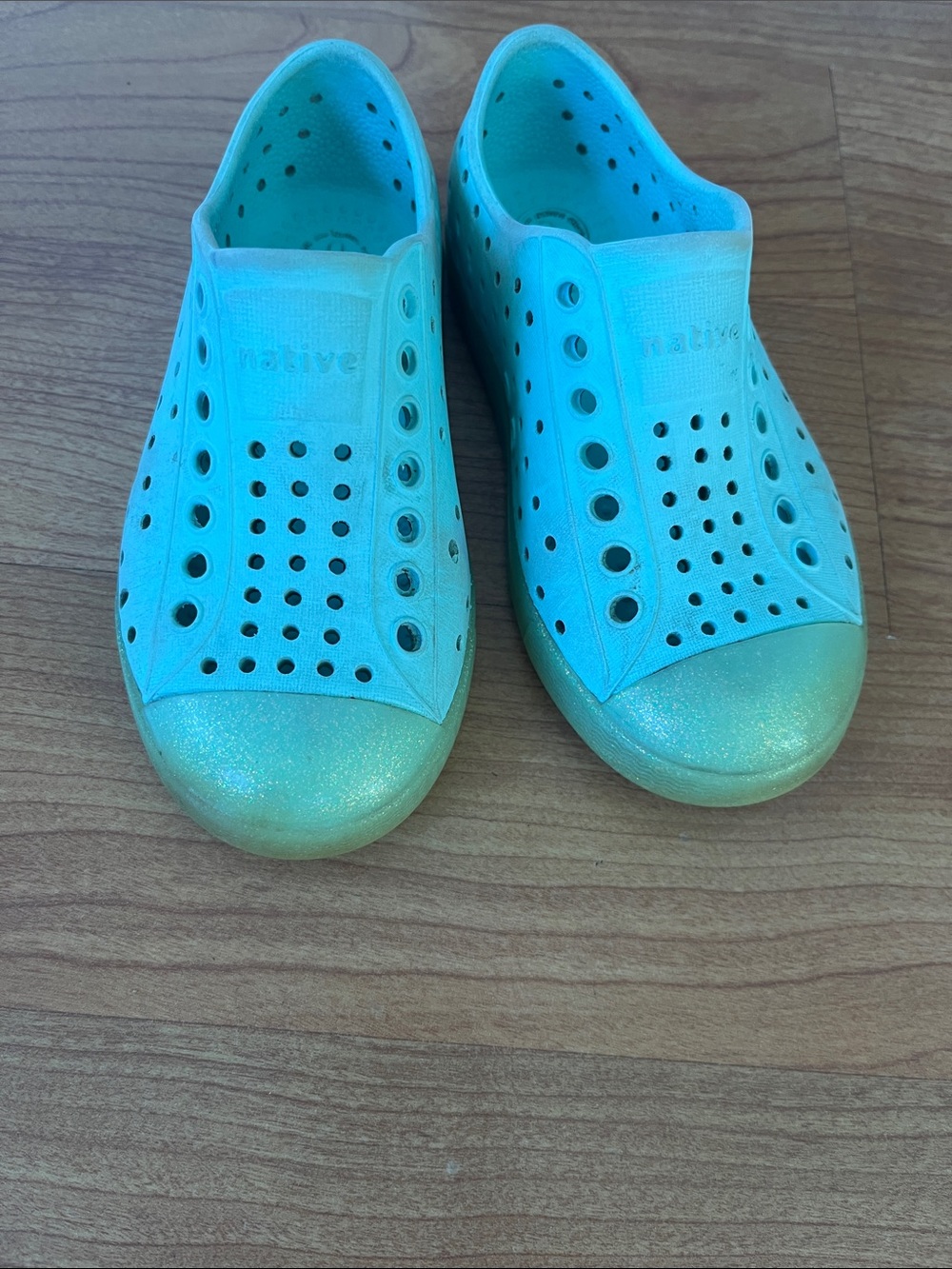 Native Kids Slip-On Water Shoes in Aqua with Glittery Green Toe